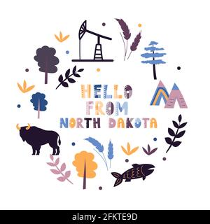 Illustrierte Karte des Bundesstaates North Dakota in den Vereinigten Staaten mit Städten und Wahrzeichen. Editierbare Vektordarstellung Stock Vektor