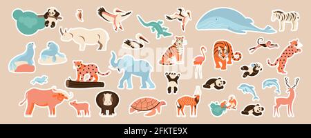 Afrikanische Tiere und Tiger niedlichen Sticker Set. Niedliche klebrige Etiketten mit Cartoon-Bild verziert. Zeichen, Symbole, Objekte der Fauna der Welt. Flat Art Stock Vektor