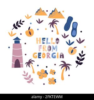 Illustrierte Karte des Bundesstaates USA Georgia in den Vereinigten Staaten mit Städten und Wahrzeichen. Editierbare Vektordarstellung Stock Vektor