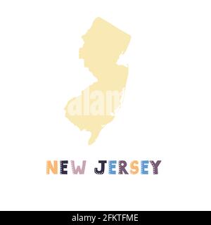 Karte von New Jersey isoliert. USA Kollektion. Karte von New Jersey - gelbe Silhouette. Kritzelnde Schriftzüge auf Weiß Stock Vektor