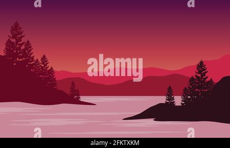 Fantastischer Panoramablick auf die Berge vom Flussufer bei Sonnenuntergang. Vektordarstellung einer Stadt Stock Vektor