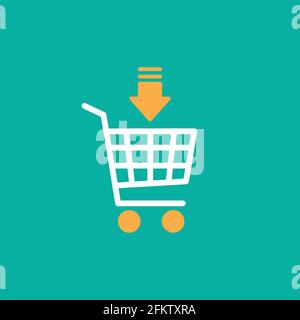 Weißer Einkaufswagen mit orangefarbenem Pfeil nach unten. Einfaches Symbol auf blauem Hintergrund isoliert. Wagen mit orangefarbenen Rädern aufbewahren. Flache Vektorgrafik. Stock Vektor