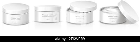 Realistische vektorweiße kosmetische Cremegläser in der Vorderansicht mit offenem und geschlossenem Verschluss. Stock Vektor