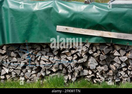 Brennholz logs in einem Garten Lichtung und in grün bedeckt Plane, um sie trocken zu halten Stockfoto