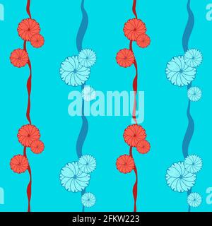 Nahtloses Muster mit vertikalen Linien und Farben auf blauem Hintergrund. Frühlingsstimmung für Textilien, Stoffe, Geschenkpapier, Tapeten. Vektordarstellung Stock Vektor