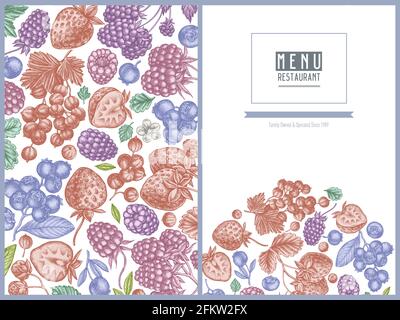 Menücover-Design mit pastellfarbenen Erdbeeren, Blaubeeren, roten Johannisbeeren, Himbeeren, Brombeeren Stock Vektor