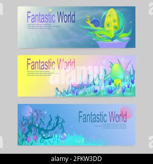 Ein Satz horizontaler Banner mit magischen Landschaften, Pflanzen und Pilzen und der Inschrift Fantastic World. Cartoon-Vektor-Illustration auf einem neutra Stock Vektor