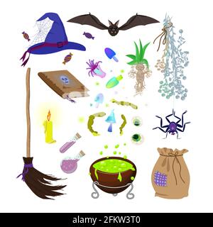 Hexenset für Halloween Dekoration. Fantastische und mystische Artikel für Design, Grußkarten und Kinderurlaub. Vektordarstellung isoliert auf einem Stock Vektor