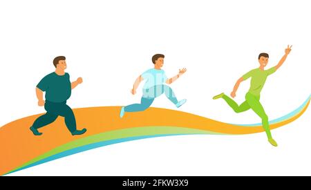 Ändern der Figur eines Mannes von Fett zu schlank. Das Konzept der Sport-und Körpererziehung für die Gewichtsabnahme. Vektorgrafik im flachen Stil. Stock Vektor