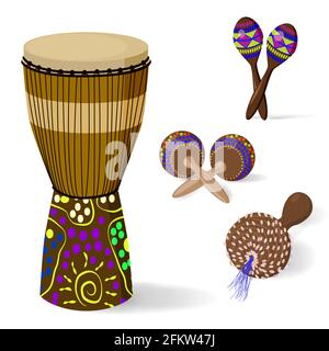 Eine Reihe afrikanischer ethnischer Musikinstrumente. Eine Jumbo-Trommel und verschiedene Maracas. Isoliert auf weißem Hintergrund. Vektorgrafik im Cartoon-Stil. Stock Vektor