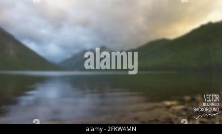 Vektor unscharfer Landschaftshintergrund. Bergsee mit Spiegelung, Himmel, Wolken und Ufer. Retro-Label-Design. Getönt, weicher Fokus, Kopierbereich Stock Vektor