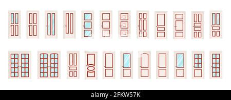 Eingangstüren und Innentüren in beige. Große Sammlung von Vektor-Türen. Türen mit oder ohne Glas. Realistische Vektordarstellung isoliert auf Whi Stock Vektor