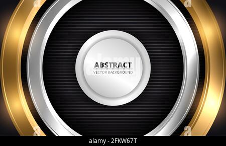 Abstrakter luxuriöser dunkler Vektor-Hintergrund. Dreidimensionale Gold- und Silberkreise auf gestreiftem schwarzem Hintergrund. Vektorgrafik EPS 10. Stock Vektor