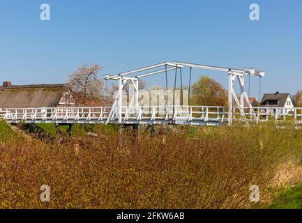 Hölzerne Zugbrücke über die Lühe im Alten Land in Niedersachsen, Bauernhaus und blühende Bäume im Hintergrund Stockfoto