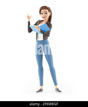 3d-Cartoon-Frau mit Buch stehend, Illustration isoliert auf weißem Hintergrund Stockfoto