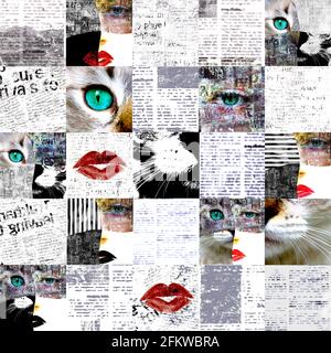 Zeitung Papier grunge gealtert Zeitungspapier nahtlose Muster Hintergrund. Vintage alte Zeitungen Schablone Textur. Unlesbare Nachrichten über catwoman auf Horizont Stockfoto
