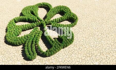 Konzept oder konzeptionelle Gruppe von grünen Waldbaum auf trockenem Boden Hintergrund, Zeichen eines vierblättrigen Kleeblatt. 3d-Illustration Metapher für viel Glück Stockfoto