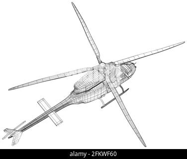 Fliegender Hubschrauber. EPS10-Format. Drahtrahmen Vektor aus 3d erstellt. Hubschrauber isoliert auf dem weißen Hintergrund Stock Vektor