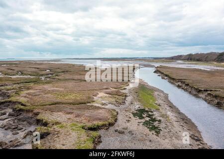 Blick von oben auf eine Estarde an der Mündung des Das Meer mit Wattflächen und Ebbe deckt das Ökosystem auf Blauer Himmel und Bäume im Hintergrund Stockfoto