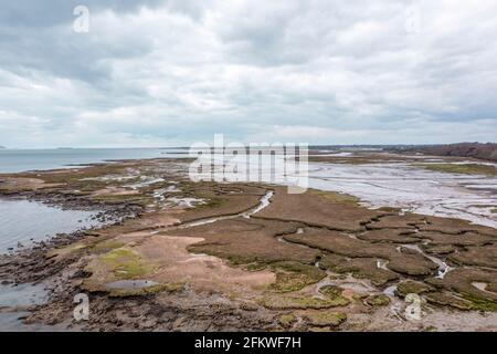 Luftaufnahme mit Blick auf eine Estarte an der Mündung von Das Meer mit Wattflächen und Ebbe deckt das Ökosystem auf Stockfoto