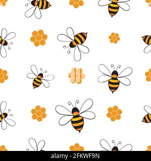 Nahtloses Muster mit Bienen und Waben auf weißem Hintergrund. Kleine Wespe. Vektorgrafik. Entzückende Cartoon-Figur. Vorlagendesign für Stock Vektor
