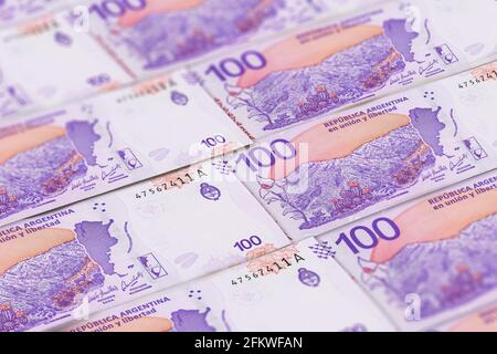 Nahaufnahme Argentinische Pesos Banknoten Hintergrund. ARS-Muster. 100 Pesos Stockfoto