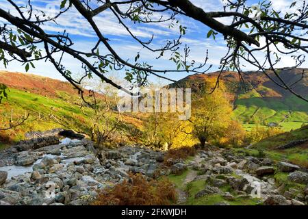 Rauschende Gewässer von Stickle Ghyll, gelegen im Lake District, Cumbria, Großbritannien. Beliebte Touristenattraktionen im Great Langdale Valley, berühmt für seine Gletscherzeit Stockfoto