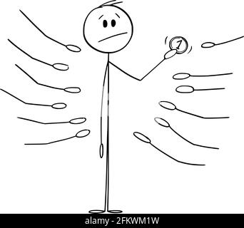 Mann, der Münze hält, ausgestreckte Palmen oder Hände, die um Geld bitten, Vektor-Cartoon-Stick Abbildung Stock Vektor