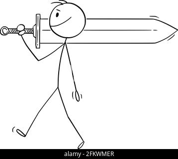 Person oder Krieger, die großes Schwert in die Schlacht tragen, Vektorgrafik Cartoon Stick Figure Illustration Stock Vektor