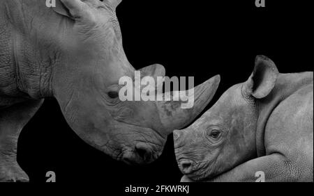 Nahaufnahme Von Mutter Rhino Und Baby Lion Gesicht In Schwarz Hintergrund Stockfoto