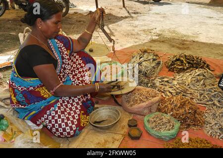 Wöchentlicher Stammesmarkt von Vishwanathpur Dorf. Stammesfrau mit einem Gewicht von trockenem Fisch. Odisha, Indien Stockfoto