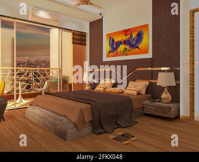 3d gerendert Schlafzimmer Design Bett mit Beistelltisch. Blaue Liebe Vogel Malerei an der Wand Stockfoto