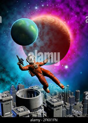 astronaut mit Pistole in der Nähe einer Raumbasis in einem außerirdischen Planetensystem, 3d-Illustration Stockfoto