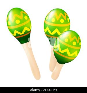 Farbenfrohes Maracas-Set aus Holz. Mexikanische oder spanische traditionelle Instrumente isoliert auf weißem Hintergrund. Vektorgrafik Stock Vektor