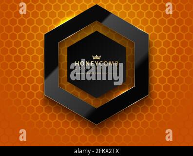 Vektor schwarzes Sechseck. Glänzender, luxuriöser Rahmen mit dunkler und goldener Linie. Kopfzeile mit Logo in Wabenform am Rand. Realistischer Glasrahmen auf orangefarbenem Wabenraster Stock Vektor