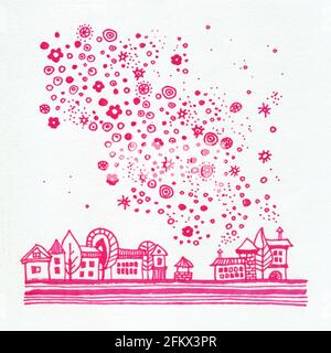 Abstrakte dekorative Landschaft Aquarell Illustration. Ruhiger Aquarell-Hintergrund mit Bäumen, Büschen und Hügeln. Aquarellmalerei mit schwarzer Farbkontur und Mustern. Poster, Hintergrund, Karte. Stockfoto