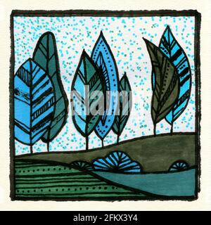 Abstrakte dekorative Landschaft Aquarell Illustration. Ruhiger Aquarell-Hintergrund mit Bäumen, Büschen und Hügeln. Aquarellmalerei mit schwarzer Farbkontur und Mustern. Poster, Hintergrund, Karte. Stockfoto