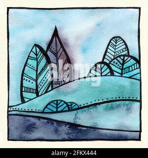 Abstrakte dekorative Landschaft Aquarell Illustration. Ruhiger Aquarell-Hintergrund mit Bäumen, Büschen und Hügeln. Aquarellmalerei mit schwarzer Farbkontur und Mustern. Poster, Hintergrund, Karte. Stockfoto