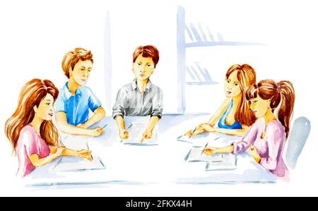 Geschäftsleute zwanglose Kleidung Meeting Kreativagentur Büro Konferenzraum. Handbemalte Aquarellillustration. Stockfoto