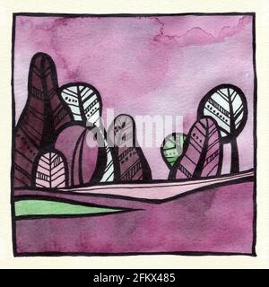 Abstrakte dekorative Landschaft Aquarell Illustration. Ruhiger Aquarell-Hintergrund mit Bäumen, Büschen und Hügeln. Aquarellmalerei mit schwarzer Farbkontur und Mustern. Poster, Hintergrund, Karte. Stockfoto