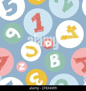Vektor-blaue Stift Skizze Zahl eins bis sechs und A, B, C, D mit Kreisen nahtlose Hintergrundmuster. Geeignet für Textilien, Geschenkpapier und Tapeten. Stock Vektor