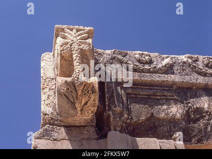 Alte Steinschnitzerei von Palmen auf den Ruinen der Großen Synagoge in Kapernaum (Kfar Nahum), See von Galilee, Nordbezirk, Israel Stockfoto