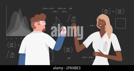 Wissenschaftler Leute erforschen Wissenschaft Mathematik, Forscher schreiben mathematische Formeln Stock Vektor