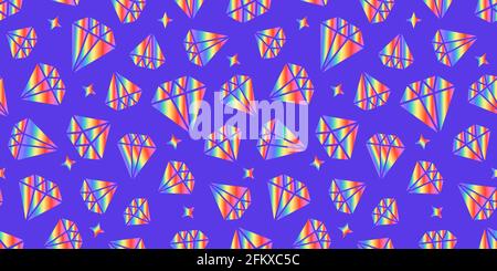 Diamanten mit Regenbogengradienten. Helles Oberflächendesign. Modernes, abstraktes Nahtmuster. Vektorformen auf blauem Hintergrund isoliert. Breite Textur Stock Vektor