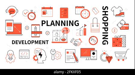 Entwicklung, Planung und Shopping - Line Design Stil Ikonen Stock Vektor