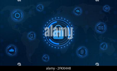 Geschlossenes Vorhängeschloss zentral auf digitalem Hintergrund in blau - Cyber Sicherheits- und IT-Konzept - 3D Illustration Stockfoto