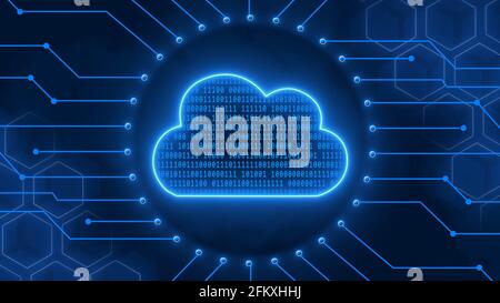 Digital Cloud Computing Konzept in blau - binärer Code in Datenwolke zwischen Informationsverbindungslinien und verschwommenen Wabenelementen Im Hintergrund Stockfoto