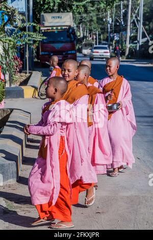 NYAUNGSHWE, MYANMAR - 27. NOVEMBER 2016: Junge buddhistische Nonnen gehen auf eine Straße in Nyaungshwe, Myanmar, um Almosen zu erhalten. Stockfoto