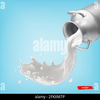 Milchbehälter und Milchspritzer. 3d-Vektorelement für die Paketgestaltung. Stock Vektor