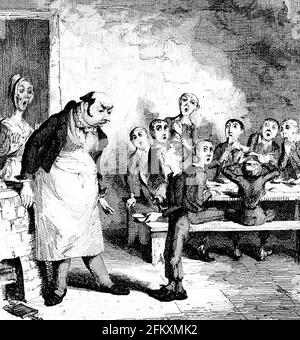 Oliver Twist. Illustration vom Frontispiz zu einer Erstausgabe von Charles Dickens' 'Oliver Twist', George Cruikshank, 1838 Stockfoto